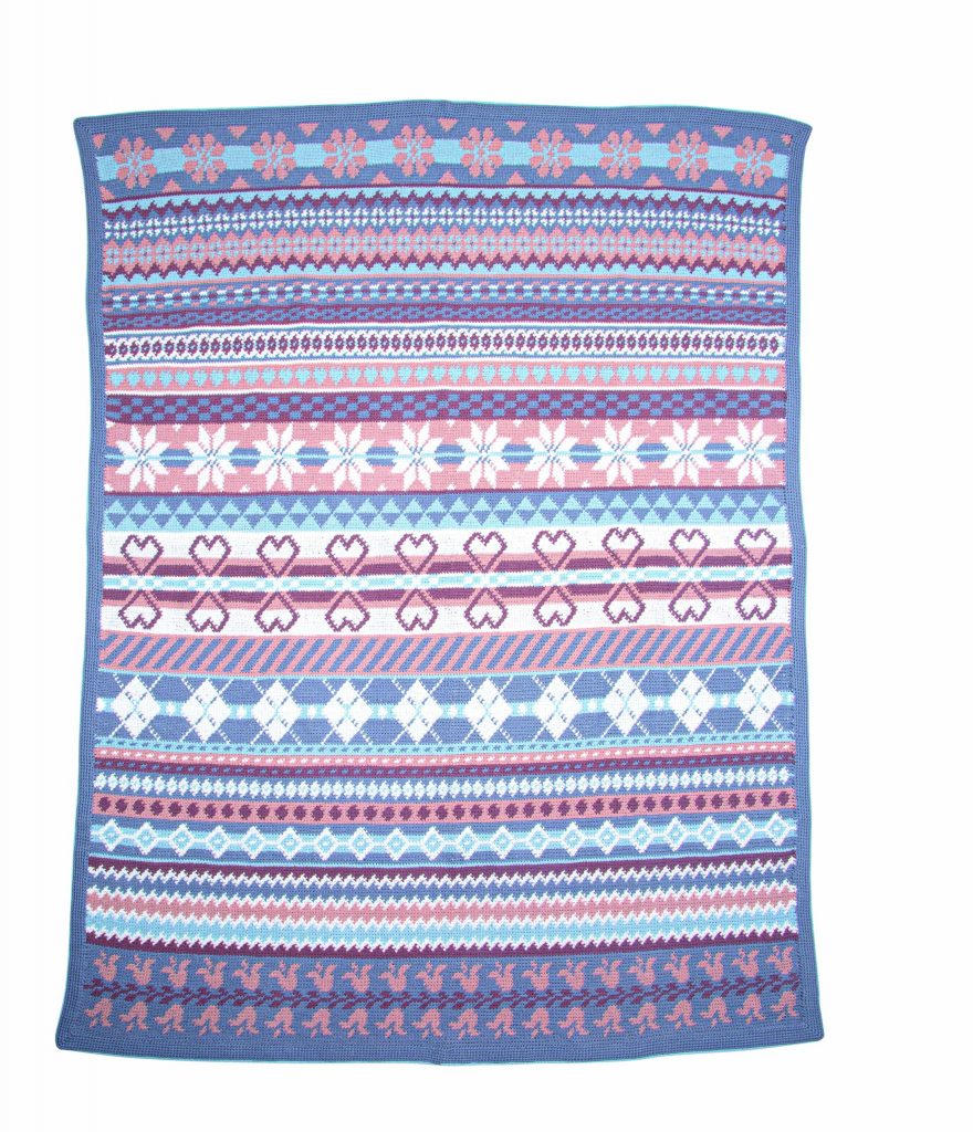 Totaal aanzicht van Fair Isle deken met verschillende motieven